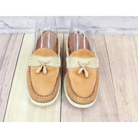 LL Bean Tan Leather Mule Flat Slide Moc Toe Open Back Loafer Size 6 M - Picture 5 of 9